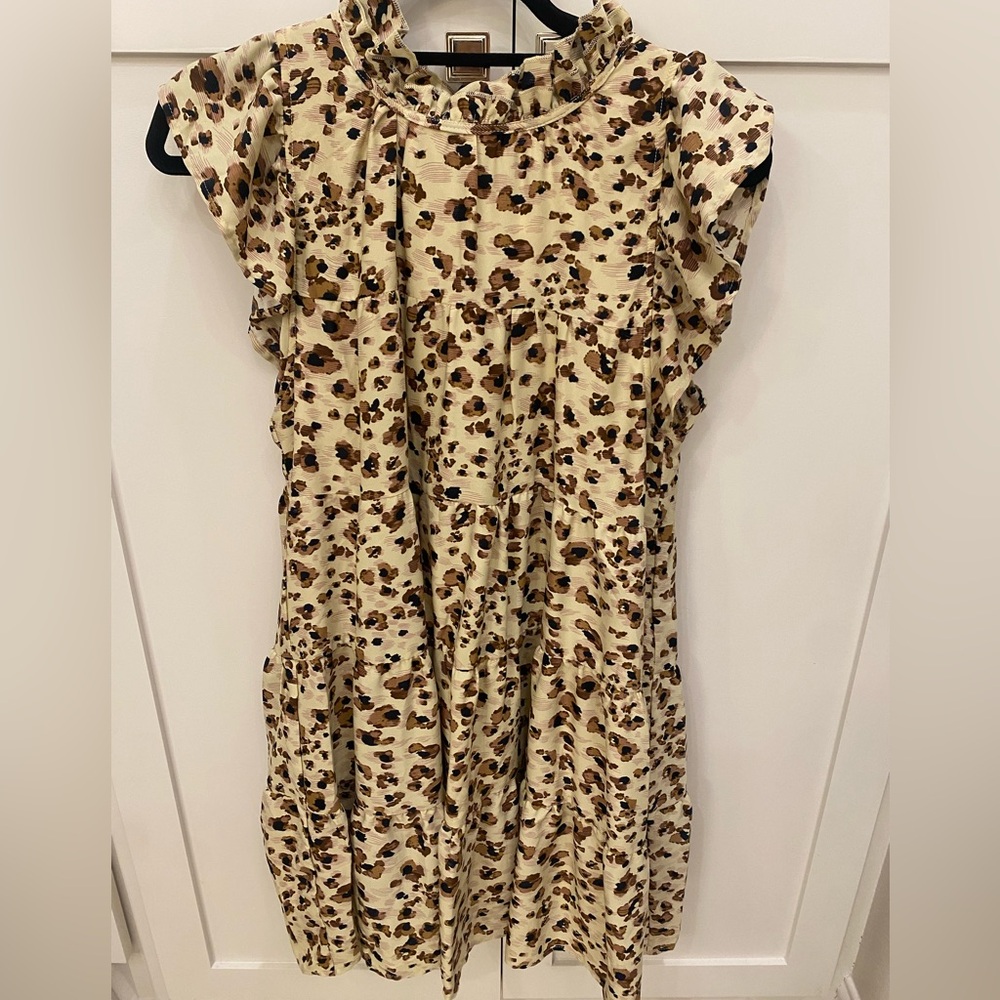 Leopard Print Mock Neck Ruffle Sleeve Tiered Dress